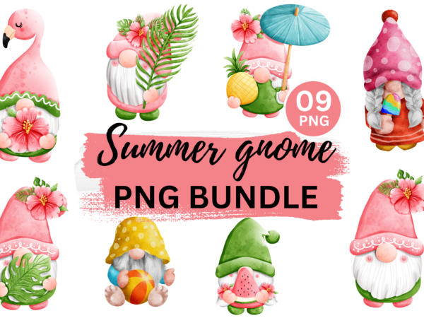 Watercolor summer gnome png bundle t shirt design for sale