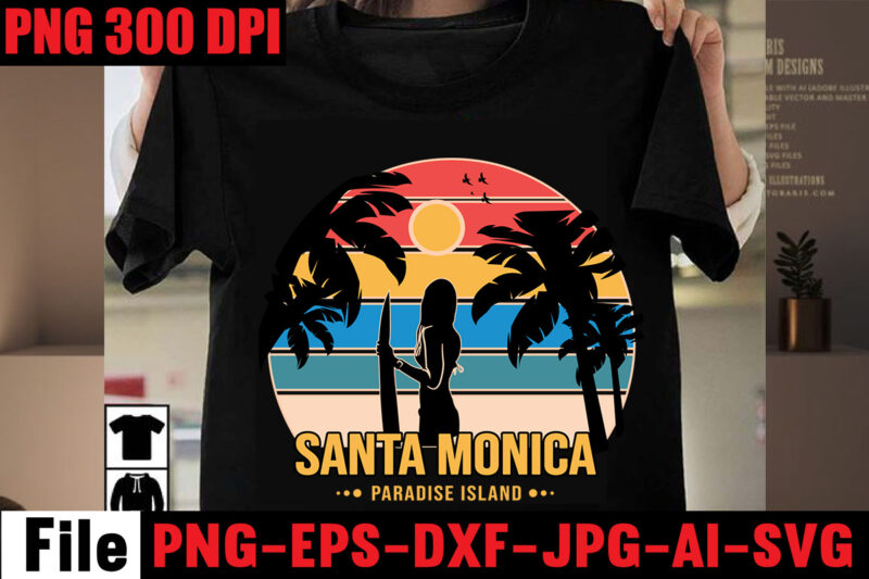 Santa Monica Paradise Island T-shirt Design,Make waves T-shirt Design,Aloha! Tagline Goes Here T-shirt Design,Designs bundle, summer designs for dark material, summer, tropic, funny summer design svg eps, png files for