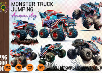 6 png Monster Truck Jumping with American Flag t-shirt design bundle