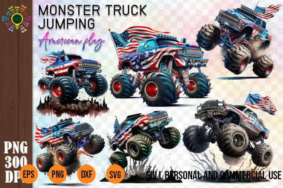 6 png monster truck jumping with american flag t-shirt design bundle