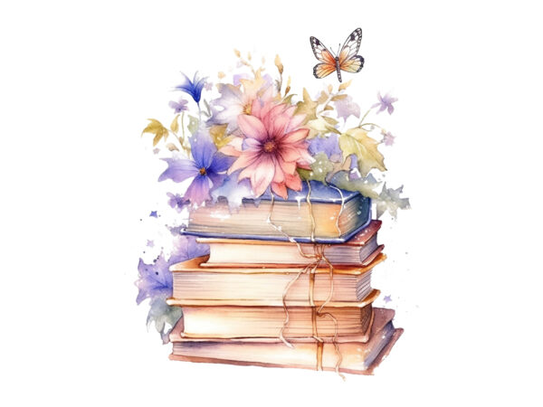 Watercolor fairy old books with floral clipart t shirt design for sale Watercolor fairy old books with floral clipart t shirt design for sale