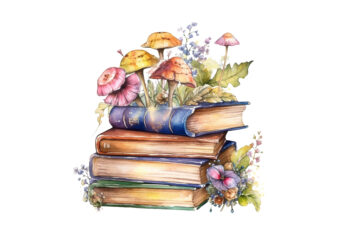 Watercolor Fairy old books with floral clipart