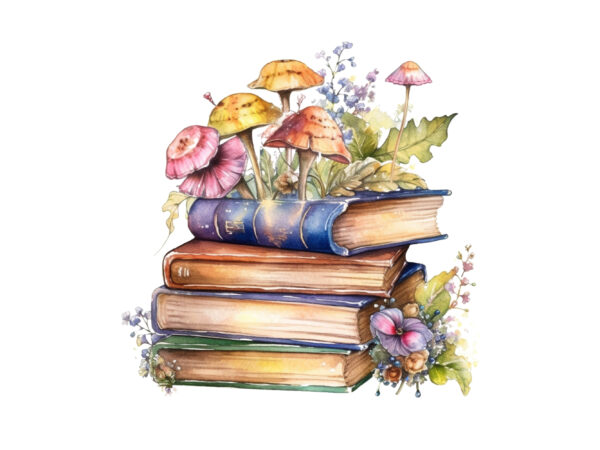 Watercolor fairy old books with floral clipart t shirt design for sale