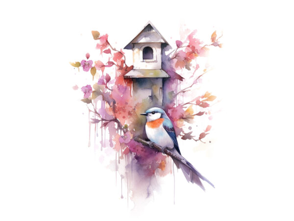 Aquarelle, art, background, birdhouse, bird, birdie, blossom, decoration, decor, cute, drawing, design, girly, graphic, floral, flower, hand drawn, illustration, isolated, nature, home, house, branch, material, leaf, painted, paintings, canary bird,