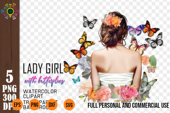 5 PNG Lady Girl with Flowers Butterfly Clipart