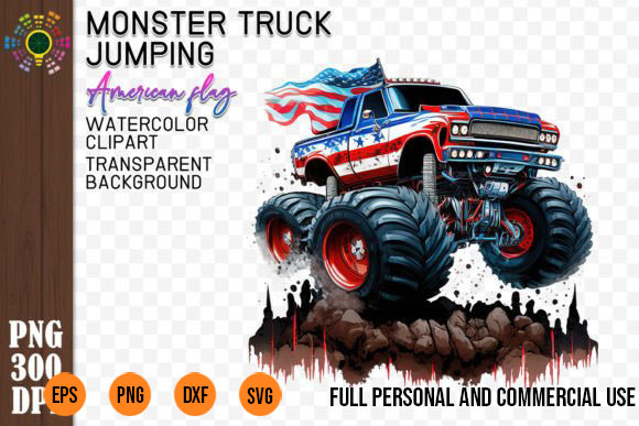 6 png Monster Truck Jumping with American Flag t-shirt design bundle