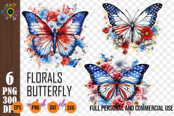 6 png Florals Butterfly USA Flag Sublimation
