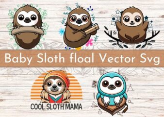 5 set of Cute baby sloth floral ornaments vector illustration, wild animal, baby sloth, zoo animal, pet, funny, cute