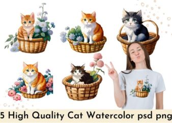 light watercolor,A kitten is sitting on a Flower basket and there are some there some flower around, bright, white background, few details, dreamy, t shirt vector graphic