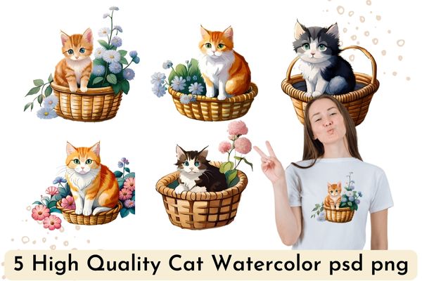 Light watercolor,a kitten is sitting on a flower basket and there are some there some flower around, bright, white background, few details, dreamy, t shirt vector graphic