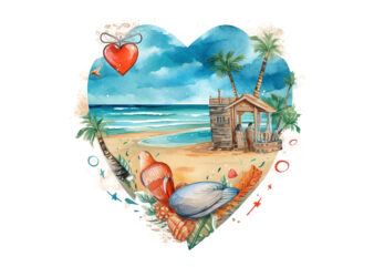 Retro Beach Heart Watercolor Clipart