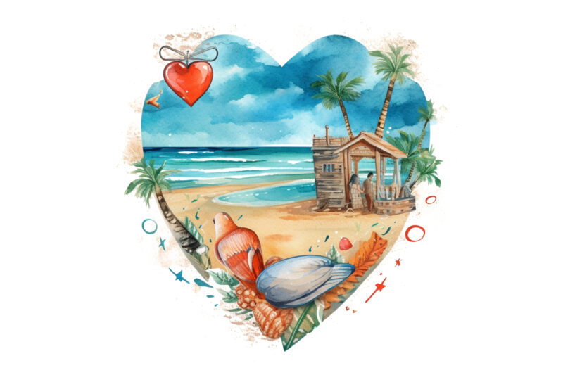 Retro Beach Heart Watercolor Clipart