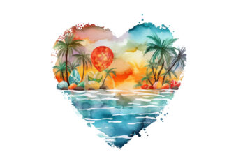 Retro Beach Heart Watercolor Clipart, Retro Beach Heart Watercolor Clipart, Beach Heart Sunshine Summer, Beach Digital Download, Sublimation Art, Heart Retro, Retro Beach, Beach Heart Png, Beach Heart Design, Beach