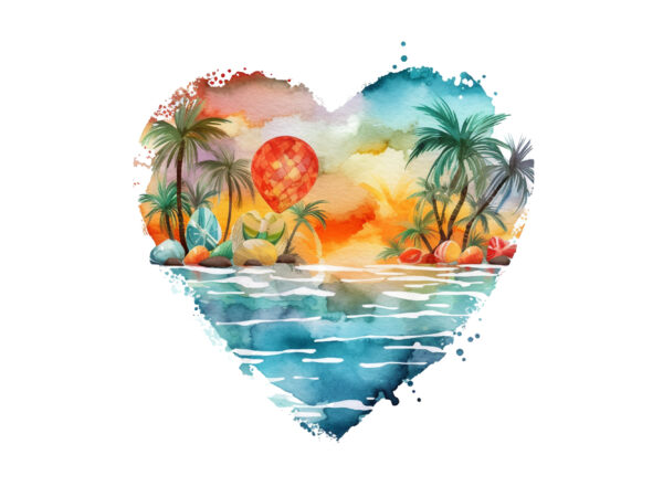 Retro beach heart watercolor clipart, retro beach heart watercolor clipart, beach heart sunshine summer, beach digital download, sublimation art, heart retro, retro beach, beach heart png, beach heart design, beach