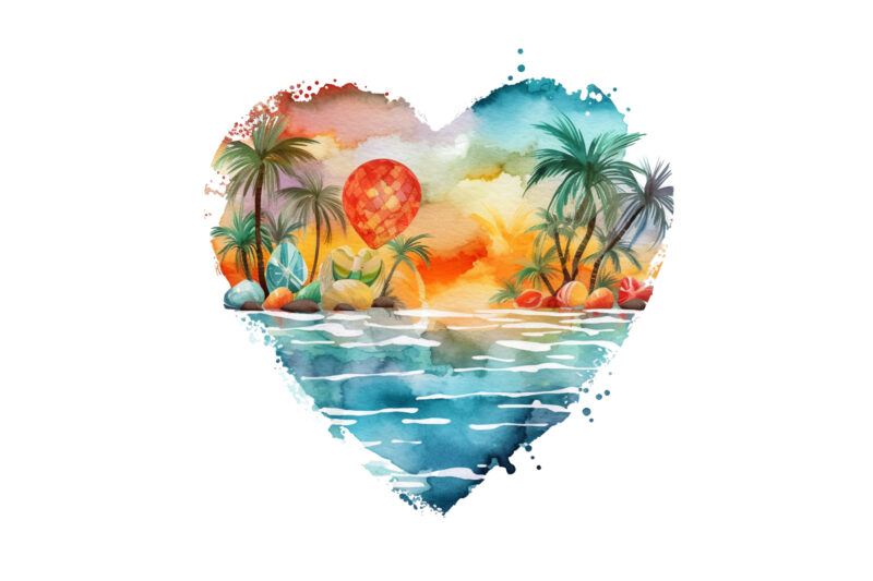 Retro Beach Heart Watercolor Clipart, Retro Beach Heart Watercolor Clipart, Beach Heart Sunshine Summer, Beach Digital Download, Sublimation Art, Heart Retro, Retro Beach, Beach Heart Png, Beach Heart Design, Beach