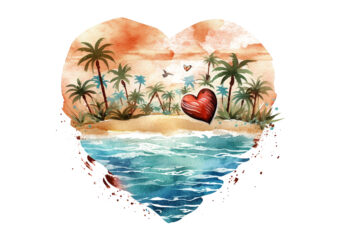 Retro Beach Heart Watercolor Clipart, Retro Beach Heart Watercolor Clipart, Beach Heart Sunshine Summer, Beach Digital Download, Sublimation Art, Heart Retro, Retro Beach, Beach Heart Png, Beach Heart Design, Beach