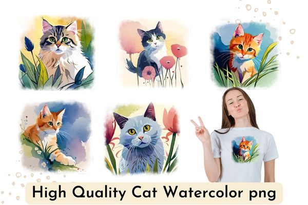 Cat watercolor floral flower high quality t shirt design png