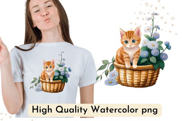 light watercolor,A kitten is sitting on a Flower basket and there are some there some flower around, bright, white background, few details, dreamy,