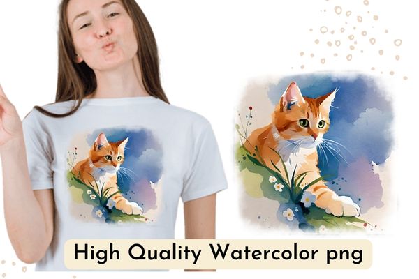 Cat watercolor floral flower high quality t shirt design png