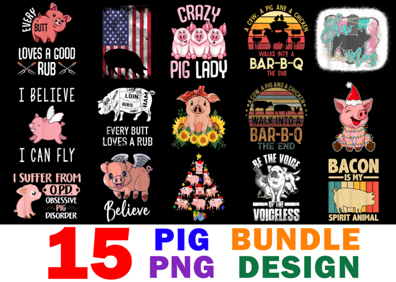 15 Pig Shirt Designs Bundle For Commercial Use, Pig T-shirt, Pig png file, Pig digital file, Pig gift, Pig download, Pig design