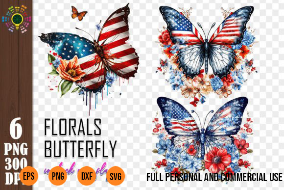 6 png Florals Butterfly USA Flag Sublimation