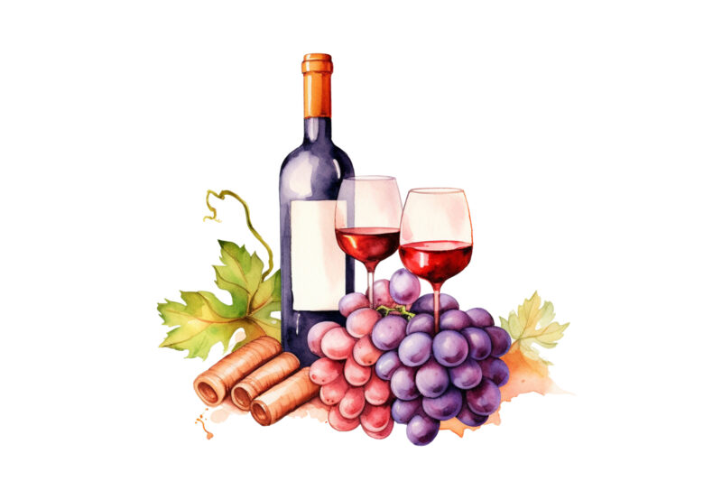 Wine and Grapes Watercolor Clipart