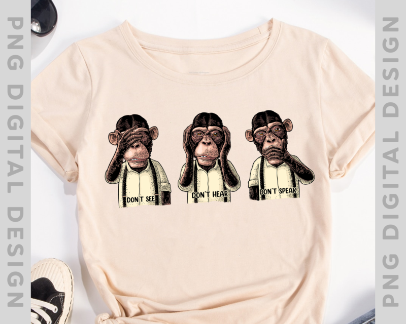 3 Don_t See Hear Speak Monkeys No Evil Wise Chimpanzee T-Shirt TH