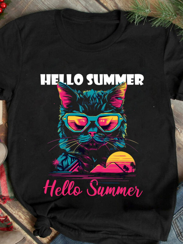 Hello Summer T-Shirt Design, Hello Summer SVG Cut File, cat t shirt design, cat shirt design, cat design shirt, cat tshirt design, fendi cat eye shirt, t shirt cat design,