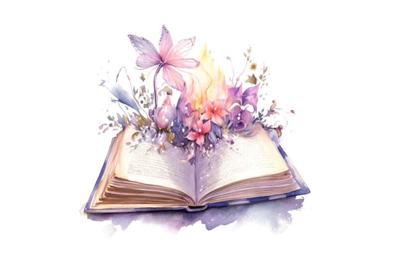 Watercolor Fairy old books with floral