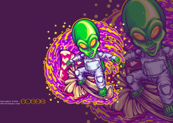 Alien spaceman surfing on space with magic mushroom illustrations