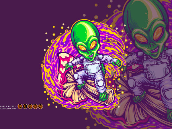 Alien spaceman surfing on space with magic mushroom illustrations t shirt vector Alien spaceman surfing on space with magic mushroom illustrations t shirt vector