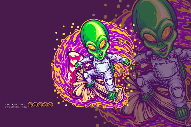 Alien spaceman surfing on space with magic mushroom illustrations