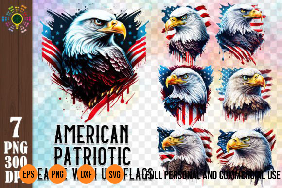 American patriotic png 7 eagle with usa flags graphic watercolor style