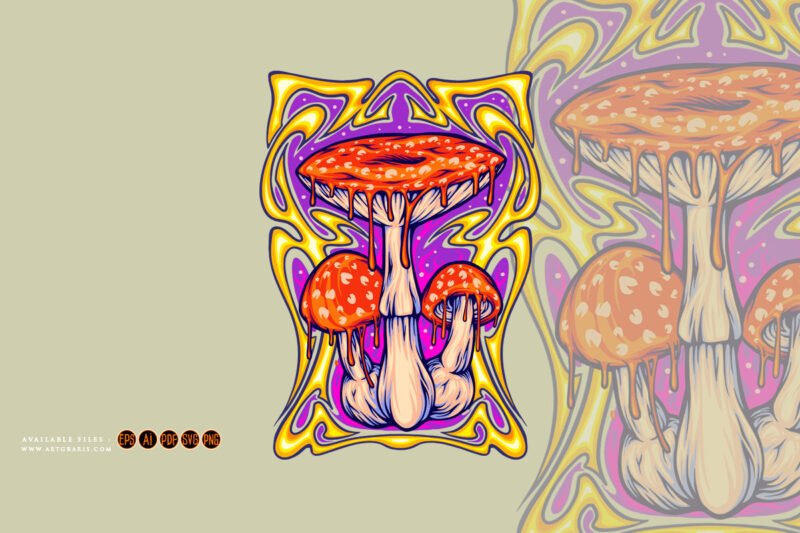 Magic mushroom with art nouveau frame background illustrations