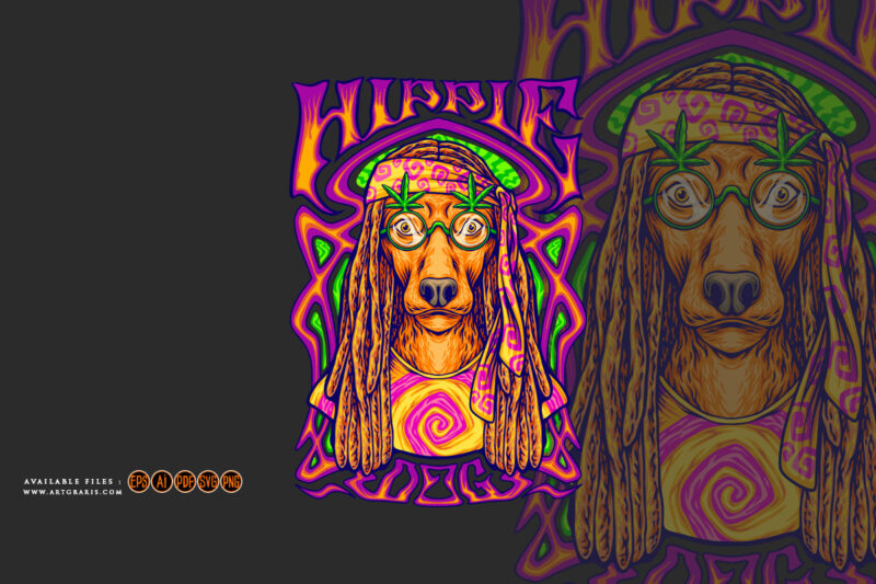 Hippie dog on psychedelic art frame background illustrations