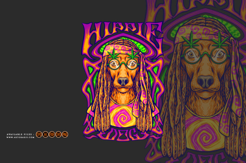 Hippie dog on psychedelic art frame background illustrations
