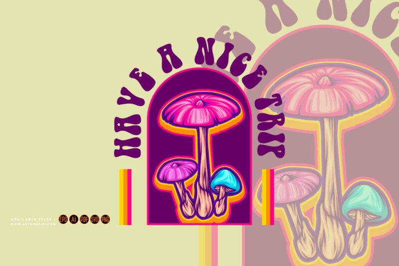 Magic mushroom plant with pop art background illustration