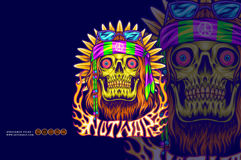 Hippie skull with classic sunflower trippy background illustrations