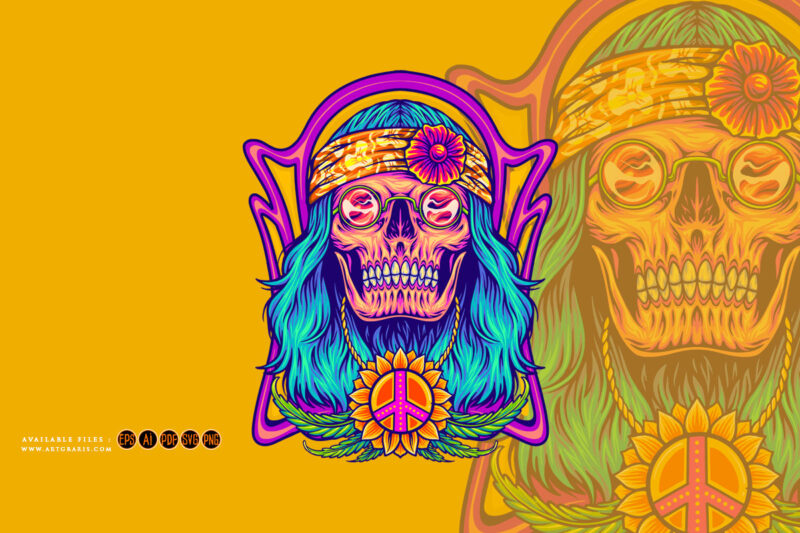 Stoned skull wearing hippie peace necklace logo illustrations