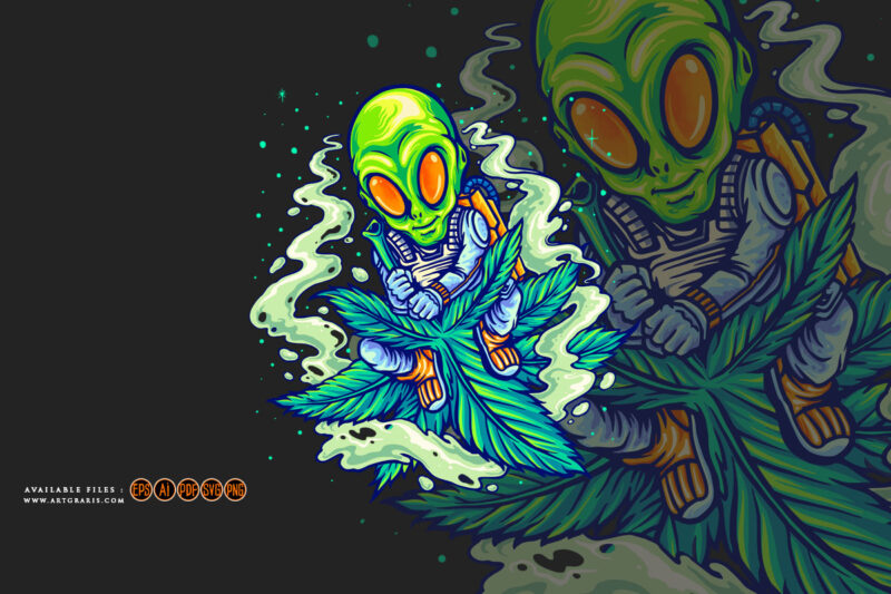 Astronaut alien flying on space with marijuana leaf illustrations