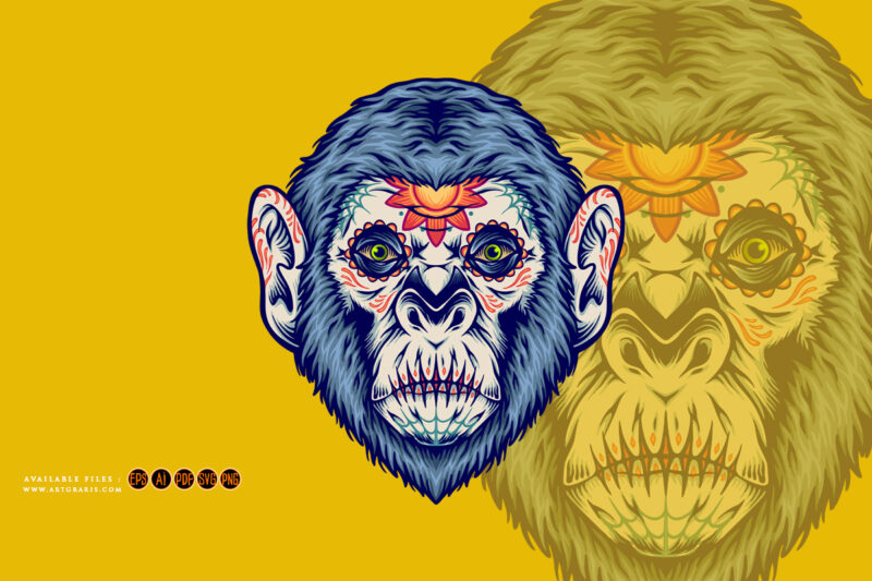 Santa muerte monkey head sugar skull illustrations