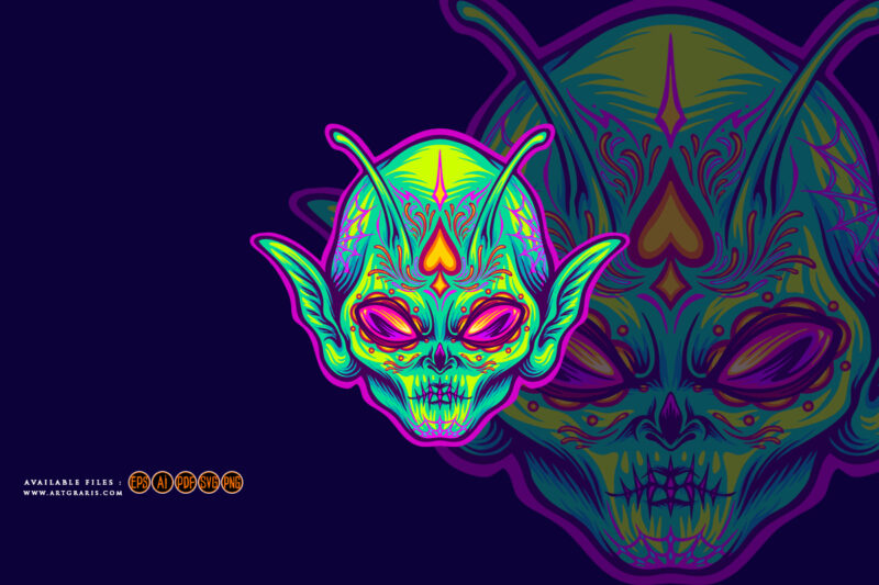 Alien head with sugar skull face santa muerte illustrations