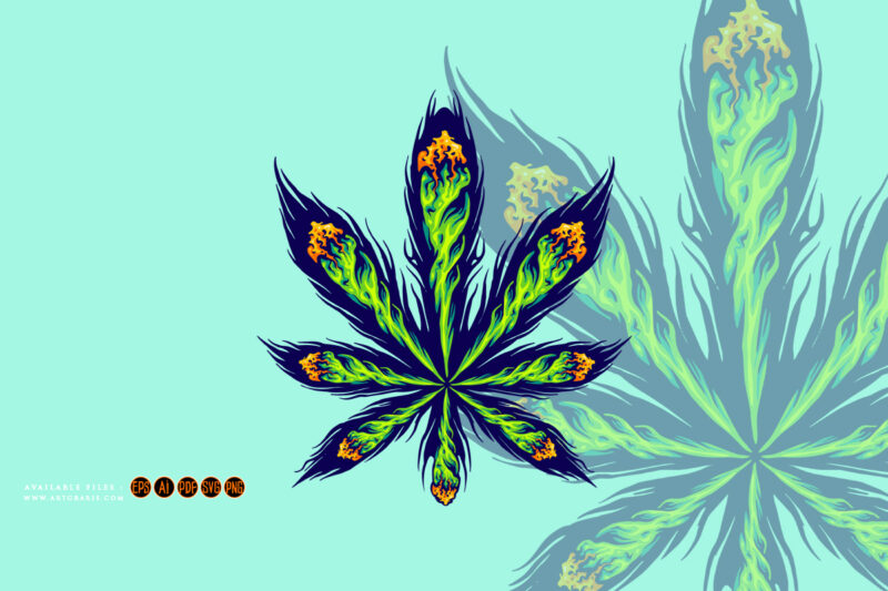 Lighting cannabis joint arrangement form into sativa leaf illustrations