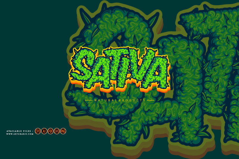 Sativa word lettering cannabis buds letter illustrations