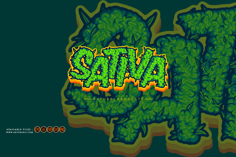 Sativa word lettering cannabis buds letter illustrations