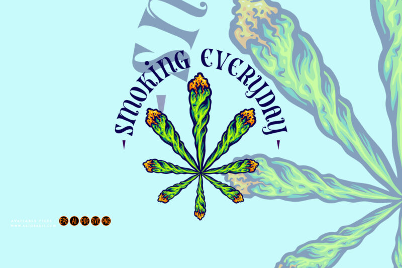 Lit weed joint form into cannabis leaf logo illustrations