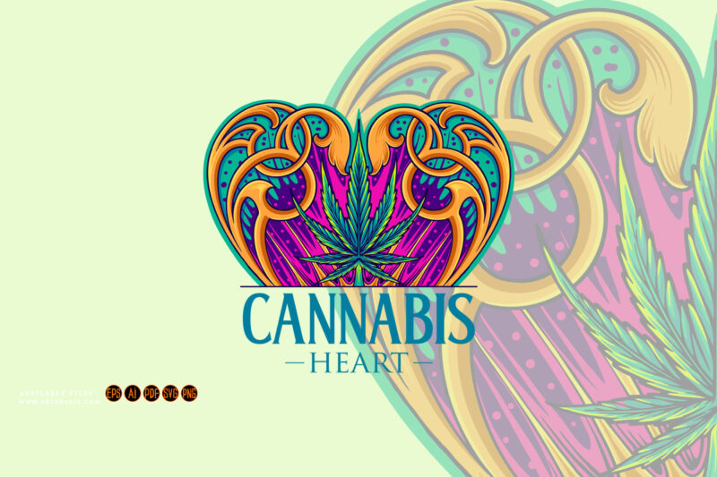 Cannabis sativa leaf in art nouveau heart shaped frame illustrations