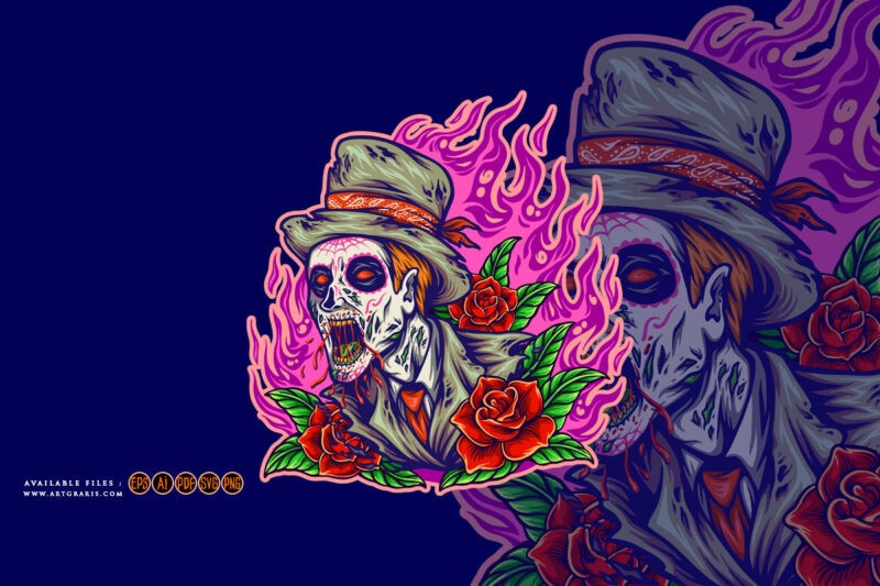 Día de los muertos zombie with fire background and blooming rose illustration
