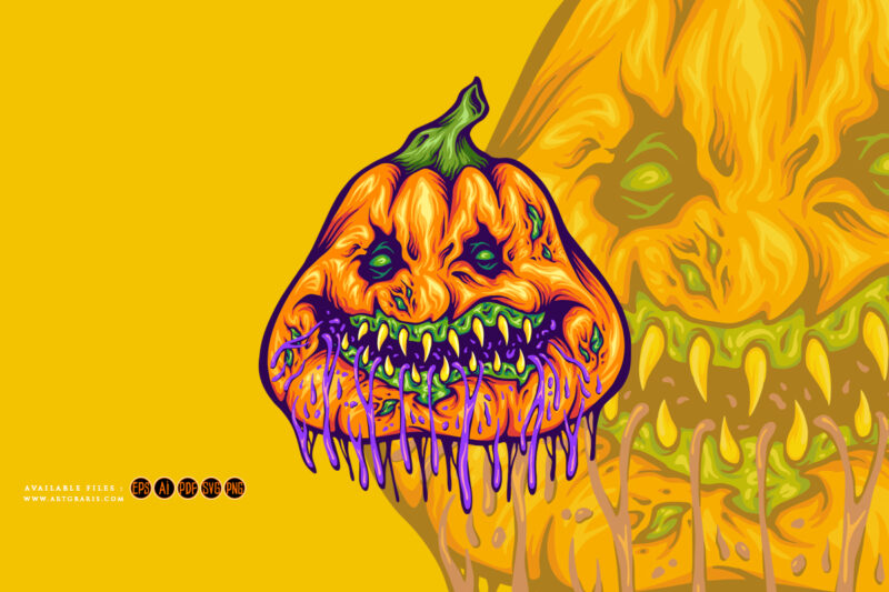 Rotten pumpkin monster head gooey halloween creature illustrations