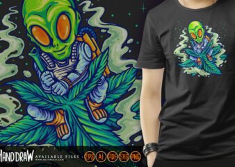 Astronaut alien flying on space with marijuana leaf illustrations t shirt vector